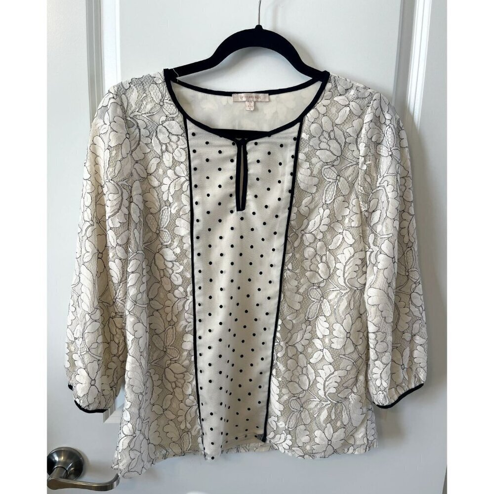 SKIES ARE BLUE Anthropologie White Black Lace Blouse S Women's Floral Polka Dot - Picture 1 of 6